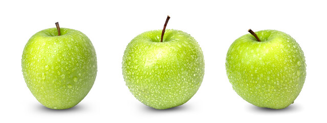 collection of fresh green apple with water drops isolated on white background