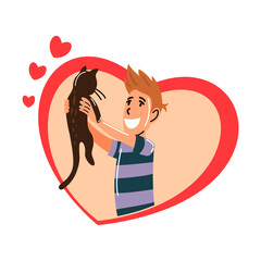 People and pet. Cat pet owner character. Young man holding on hands him cat. Boy love him animal. Cute and adorable domestic animal