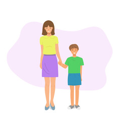 Mother with a son. She is a single mother. There is a young happy family. They are standing in full growth.