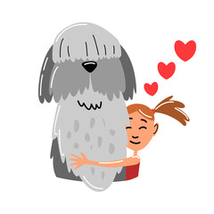 People and pet. Dog pet owner character. Owner hugging dog. Young girl love their animal. Cute and adorable domestic animal.