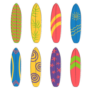  Set of surfing boards isolated on white background. Line drawn surfboards in flat style.