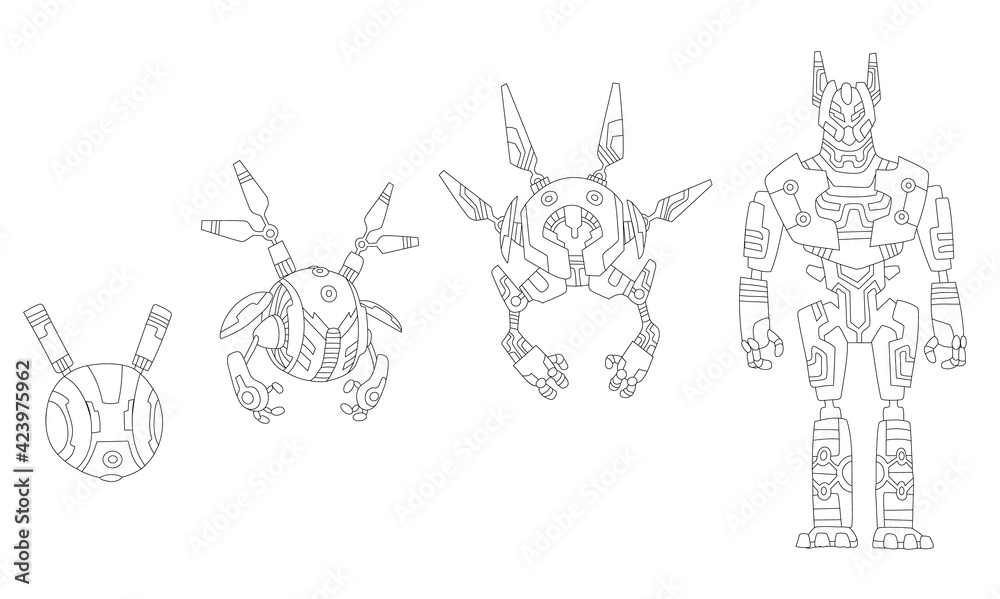 Aufkleber robot sketchs. line drawing evolution of robots concept. isometric robots from simple single-task ma