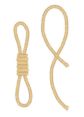 Ropes. Curved nautical ropes with knots  template. Set of light brown ropes folded in different ways and folded several times around itself. Retro vintage art design