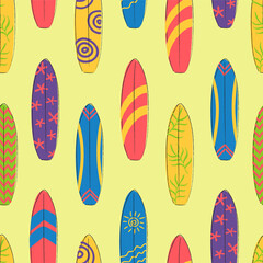  Seamless pattern of surfing boards . Line drawn surfboards in flat style.