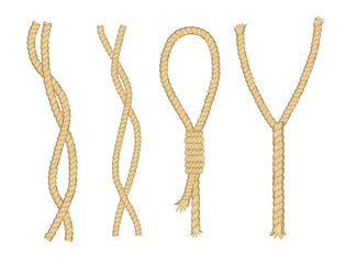 Ropes. Curved nautical ropes with knots  template. Set of light brown ropes folded in different ways and folded several times around itself. Retro vintage art design