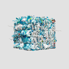 Big isolated pressed cube of plastic bottles waste and rubbish on the white background.