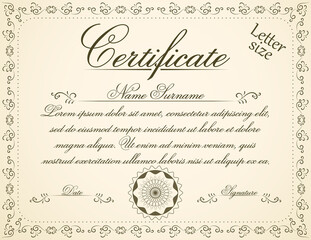 Letter size certificate illustration with swirl frame and stamp. Vintage style diploma illustration.