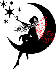 A girl sitting on a crescent moon with stars. Vector image of a cartoon character for the design of a children's room © елена смелова
