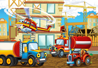 Obraz na płótnie Canvas cartoon scene construction site cars vehicles helicopter