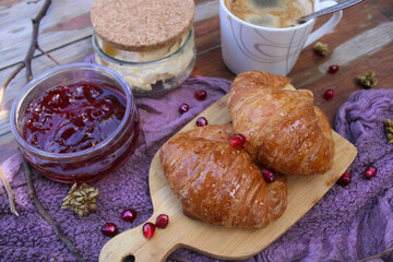 A French breakfast with croissants. Nostalgia for Paris. 
