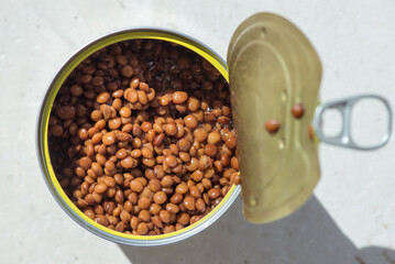 Lentils in a open tin can, view from above