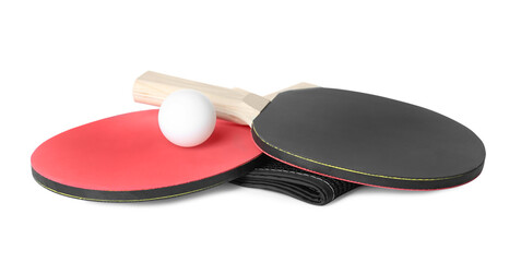 Ping pong rackets, net and ball isolated on white