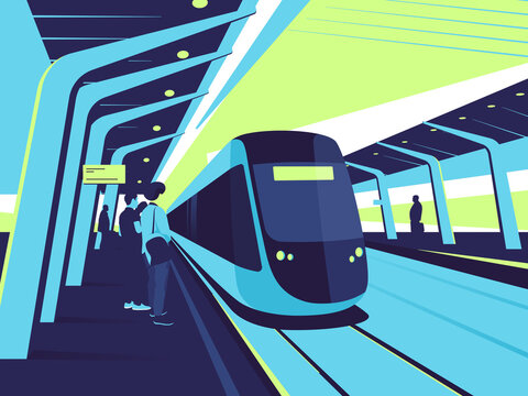 On A Station Platform. Vector Illustration On The Subject Of Train, Tram, Subway Ride