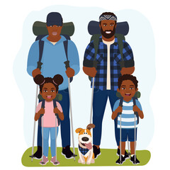 Male couple with their children walking on nature. LGBT. Active tourists or hikers camping or trekking with backpacks. Summer activity, holiday and leisure concept. Vector illustration.