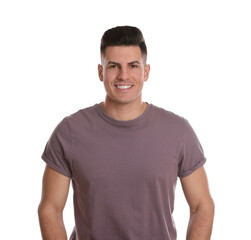 Fototapeta premium Portrait of happy man on white background. Personality concept