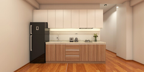 minimalist kitchen cabinet design with standing refrigerator. Using wooden cabinet and parquet flooring. 3d rendering, 3d illustration.