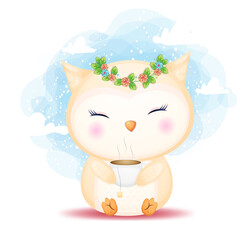 Cute doodle baby owl holding tea cup cartoon illustration. animal food Premium Vector