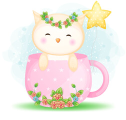 Cute doodle baby owl in cup cartoon character Premium Vector