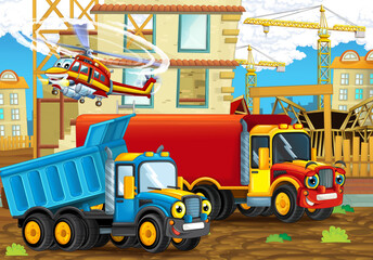 cartoon scene construction site cars vehicles helicopter