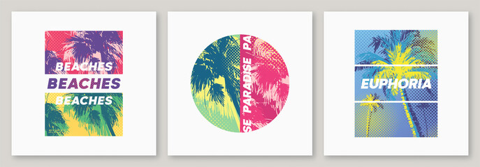 Summer graphic tee designs with palm trees, stylish prints, colorful vector illustrations