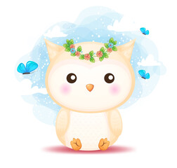 Cute doodle baby owl playing with butterfly cartoon character Premium Vector