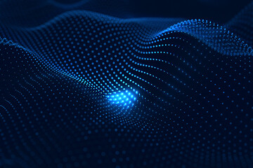 Obraz premium Moving neon blue dots pattern forming a digital network connection on dark background