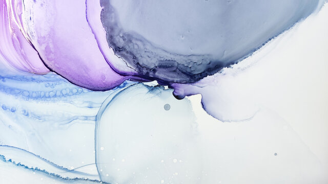 Alcohol ink. Purple Liquid Artwork. White Splash.