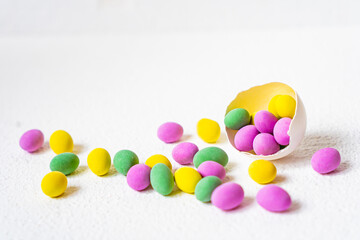 Close up of a pile of colorful chocolate coated candy