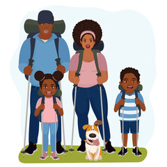 Happy parents with children walking on nature. Active tourists or hikers camping or trekking with backpacks. Summer activity, holiday and leisure concept. Vector illustration.
