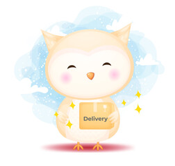 Cute happy doodle owl receive boxes. Delivery concept cartoon character Premium Vector