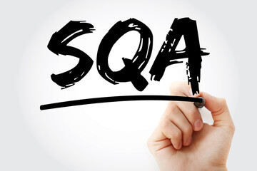SQA - Software Quality Assurance acronym with marker, business concept background