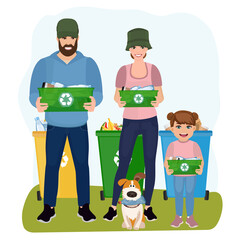 Happy parents with children clean up garbage. Volunteers gathering trash recycle. Characters cleaning environment litter. Waste collectors vector set. People collect trash and rubbish, cleaning enviro