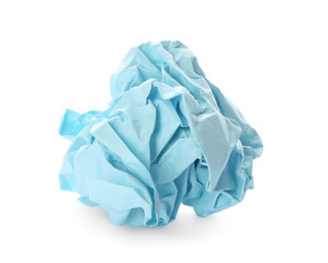 Crumpled sheet of light blue paper isolated on white