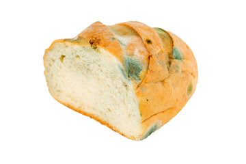 Mouldy bread on a white background. Expired pastries