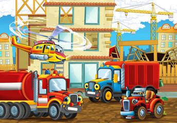 cartoon scene construction site cars vehicles helicopter