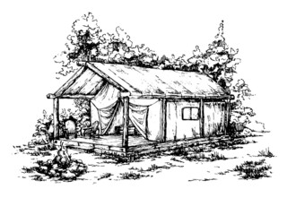 hand drawn tourist camping tent in a forest sketch. black and white tent with a terrace and campfire with trees on background