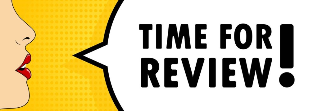 Female mouth with red lipstick screaming Time for review speech bubble. Can be used for business, marketing and advertising. Vector EPS 10. Isolated on white background