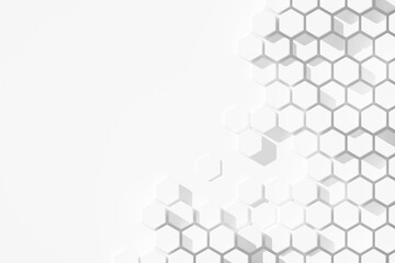 Hexagonal white abstract background. White fading hexagon blocks with copy space. 3D illustration