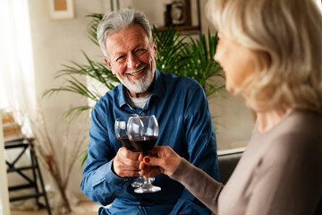 Senior woman and man drinking wine at home. Husband and wife celebrate the anniversary.