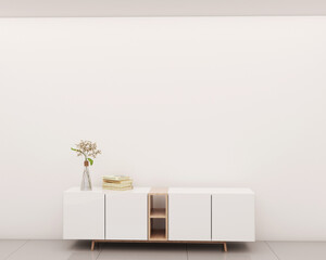 Room with white wall buffet to store utensils books arrangement with flowers and decorations. 3d rendering