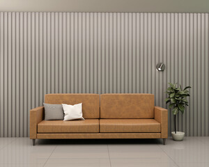 Living room with gray slatted panel leather sofa cushions plants and lamp. 3d rendering