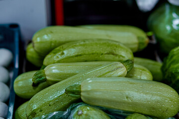 Zucchini at the street market. Choice of vegetarian food