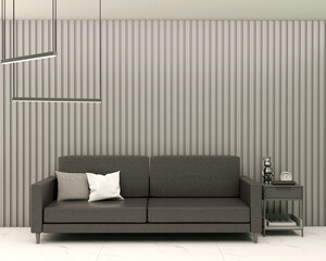 Living room with gray slatted panel black leather sofa cushions plants and lamp. 3d rendering