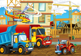Naklejka premium cartoon scene construction site cars vehicles helicopter