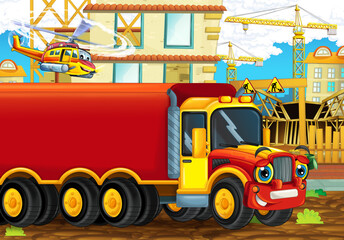 cartoon scene construction site cars vehicles helicopter