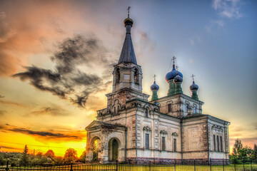 Fototapeta na wymiar Vecslabada Orthodox Church in the evening, Latvia