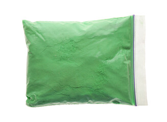 Green powder in plastic bag isolated on white, top view. Holi festival celebration