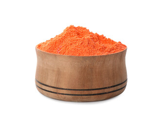 Orange powder dye in bowl on white background. Holi festival