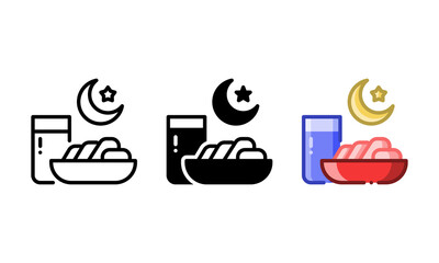 Iftar food icon. With outline, glyph, and filled outline styles