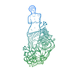 Venus Milo Rose Flower with Vintage Sculpture Design. Ancient Greek Floral frame ornament vector style. Decoration Design Wreat illustration.